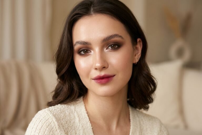 Editorial beauty portrait showcasing 2026 makeup trends with soft velvet cloud skin, warm espresso eye makeup, and watercolor berry lips