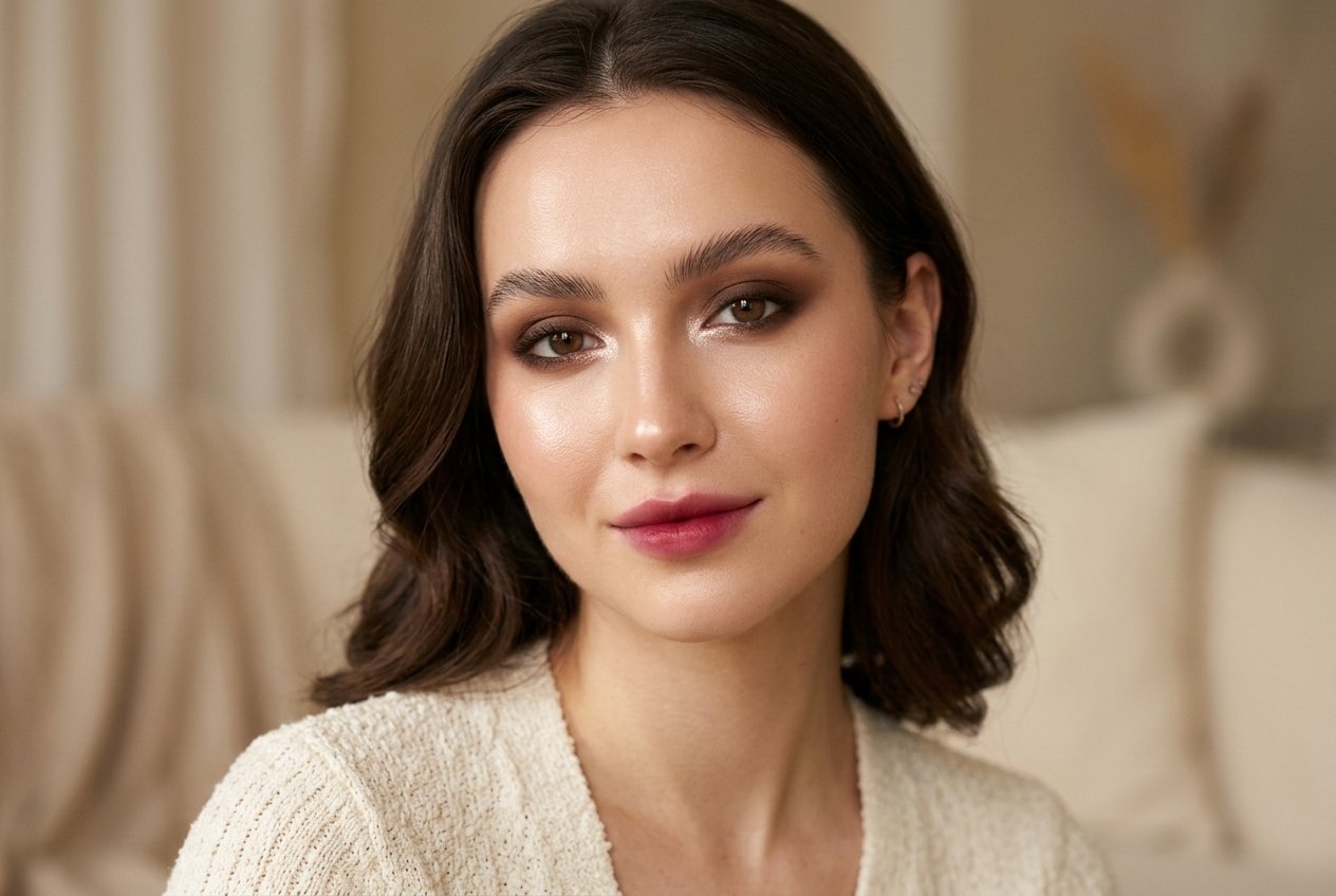 Editorial beauty portrait showcasing 2026 makeup trends with soft velvet cloud skin, warm espresso eye makeup, and watercolor berry lips