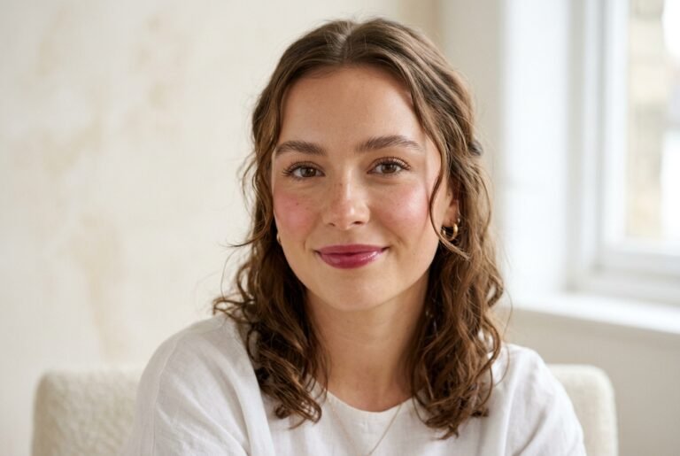 Young woman with fresh radiant natural makeup look, soft cream blush, feathered brows and dewy skin