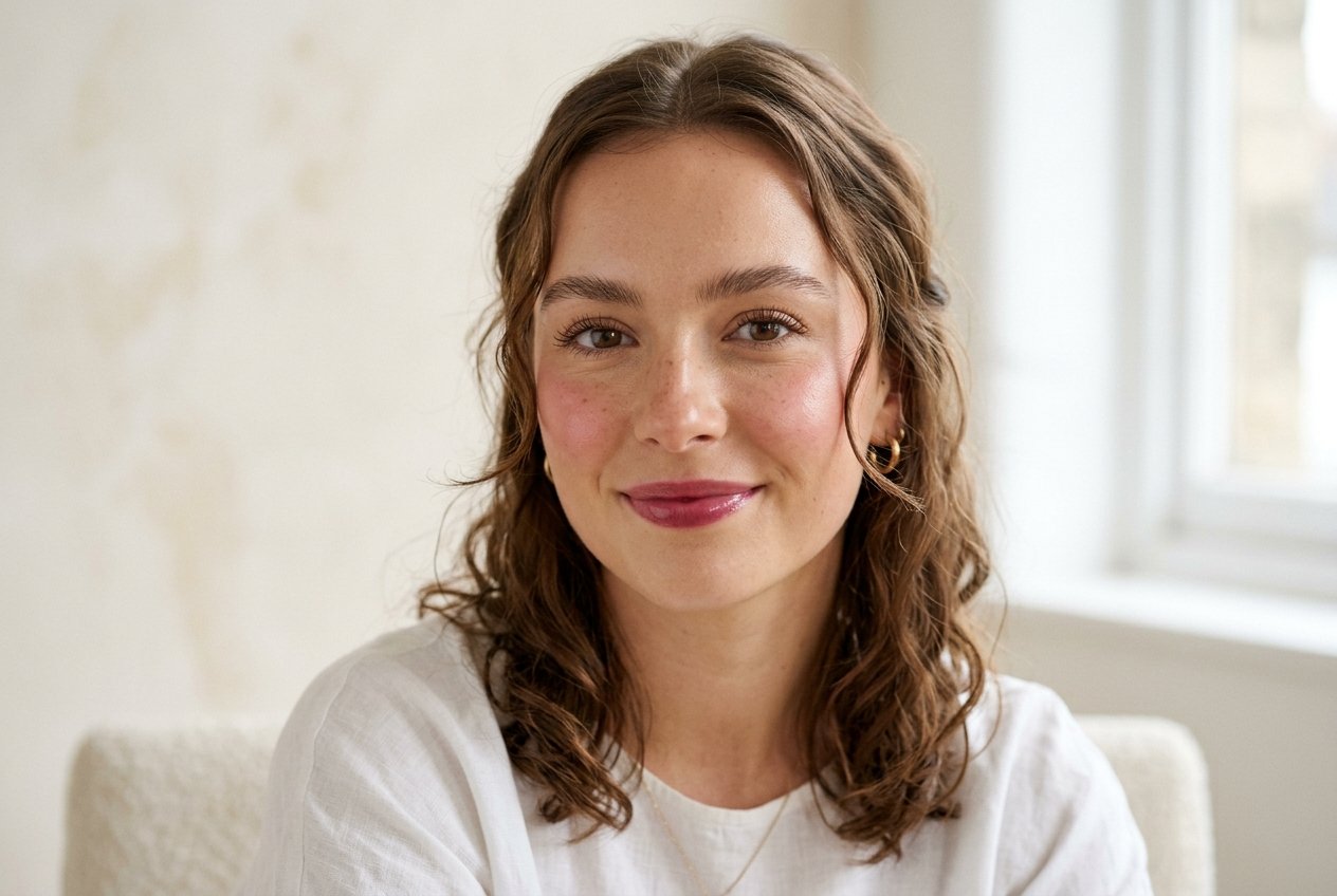 Young woman with fresh radiant natural makeup look, soft cream blush, feathered brows and dewy skin