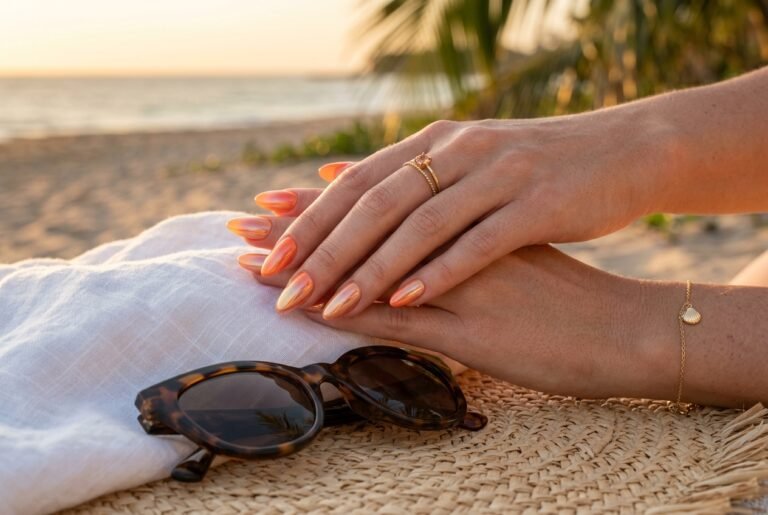 Vibrant sunset chrome ombré manicure on almond nails on a sunny beach vacation